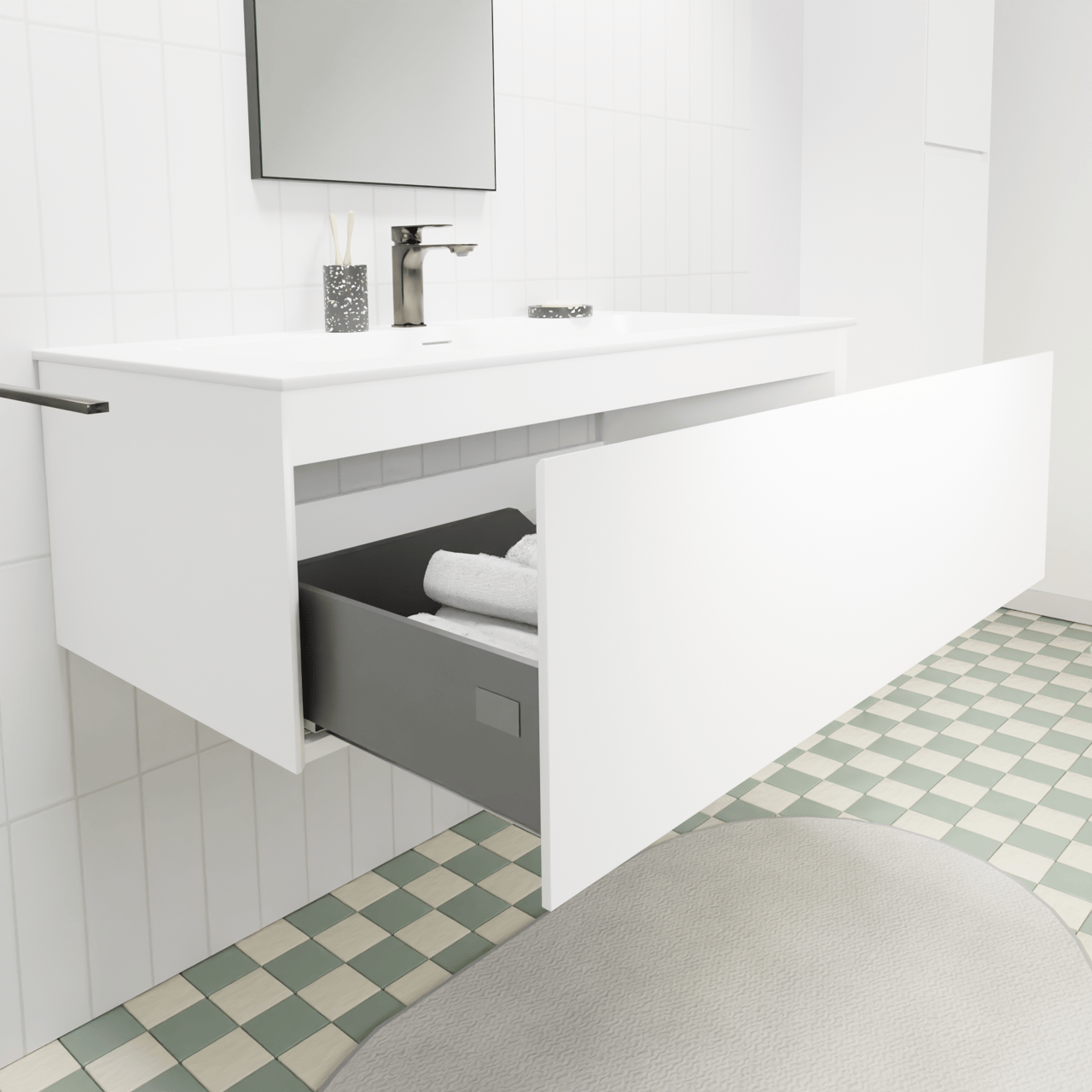 Storke Edge zwevend badkamermeubel 105 x 52 cm mat wit met Mata enkele wastafel voor 2 kraangaten in solid surface mat wit
