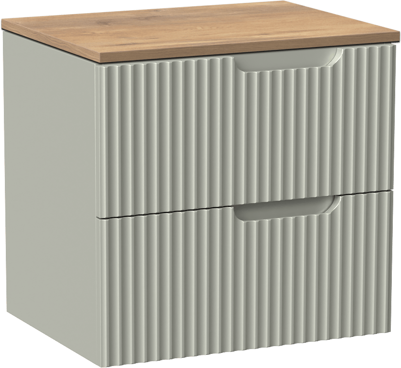 Linie Ribbo zwevend badkamermeubel 60 x 46 cm greige met Lado enkel tablet in melamine natuur eik, Verticale symmetrische ronde ribbel