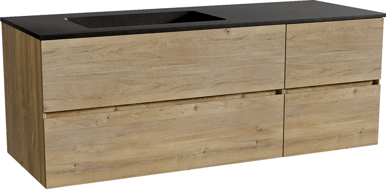 Storke Edge zwevend badmeubel 140 x 52 cm ruw eiken met Scuro asymmetrisch linkse wastafel in kwarts mat zwart