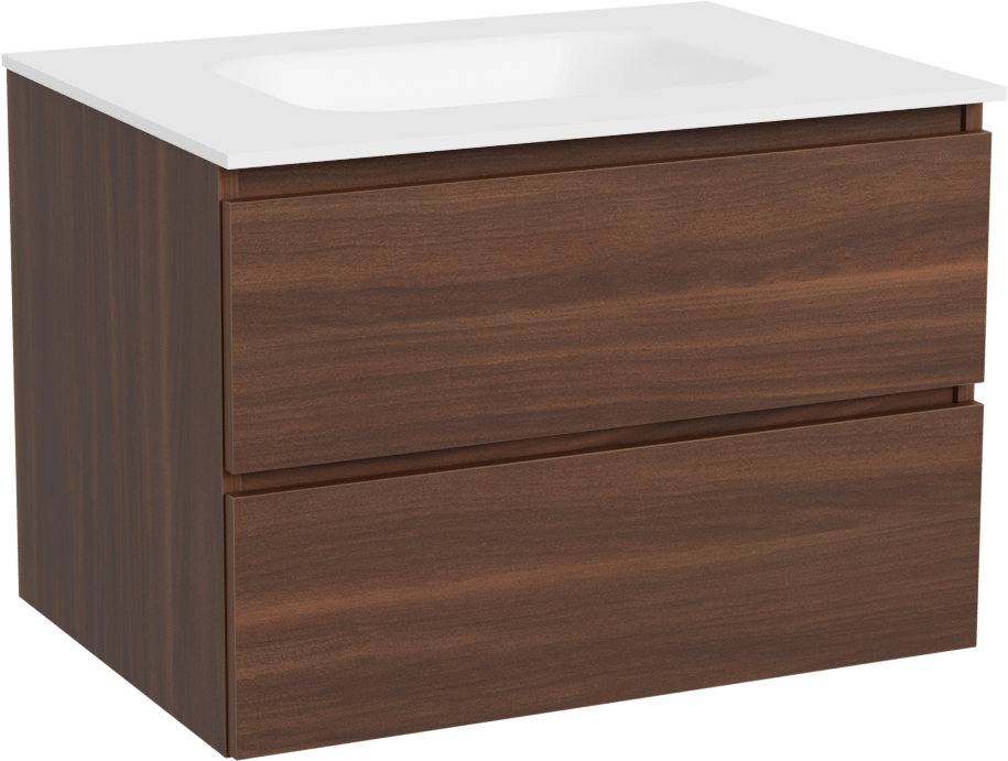 Balmani Lucida meuble salle de bains suspendu 75 x 55 cm noyer américain avec Tablo Arcato plan simple en solid surface blanc mat