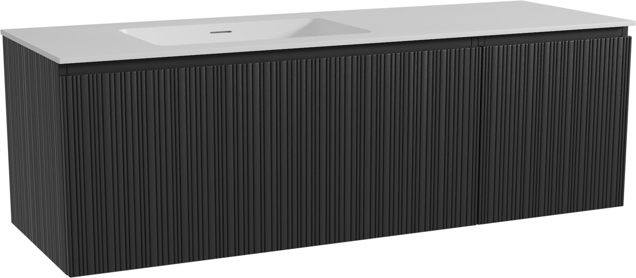 Storke Ribs hängendes Möbelstück Set: 150 x 52 cm, Schwarze Eiche, mit Mata Waschtisch links, Solid Surface, Weiß matt, Vertikale asymmetrische gerade Rippe