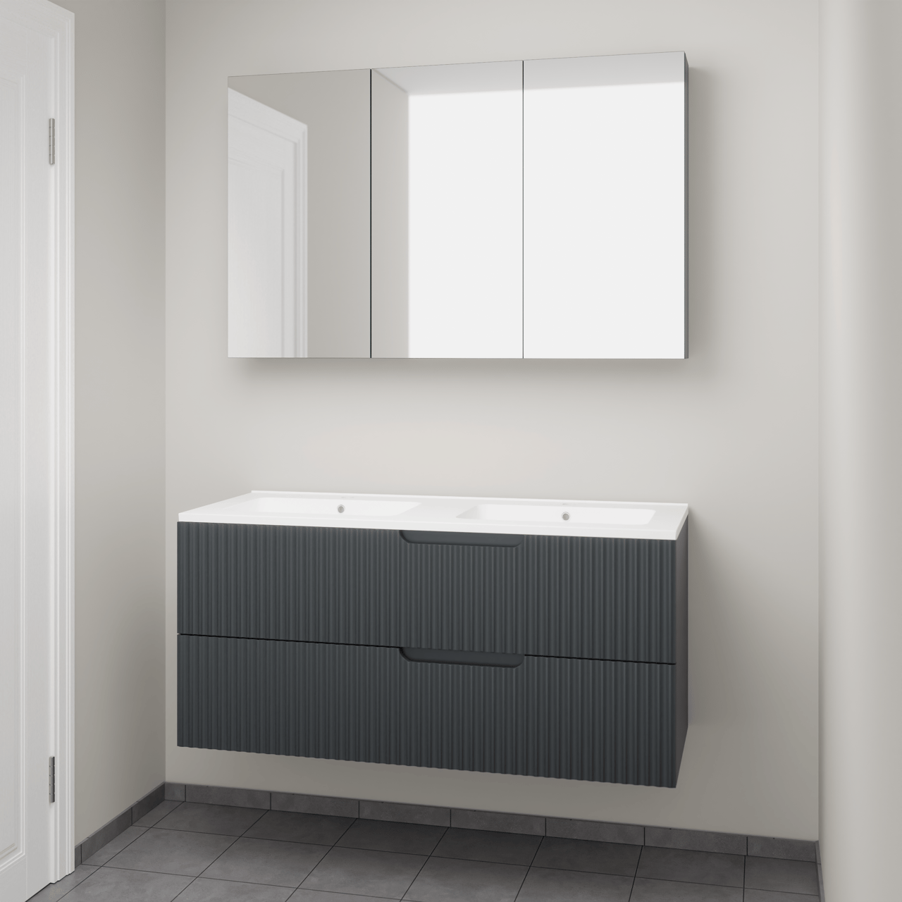 Linie Ribbo hängendes Möbelstück Set: 120 x 46 cm, Anthrazitblau, mit Vano Doppelwaschtisch, Marmorkomposit, Weiß matt, Vertikale symmetrische runde Rippe und Montro Spiegelschrank