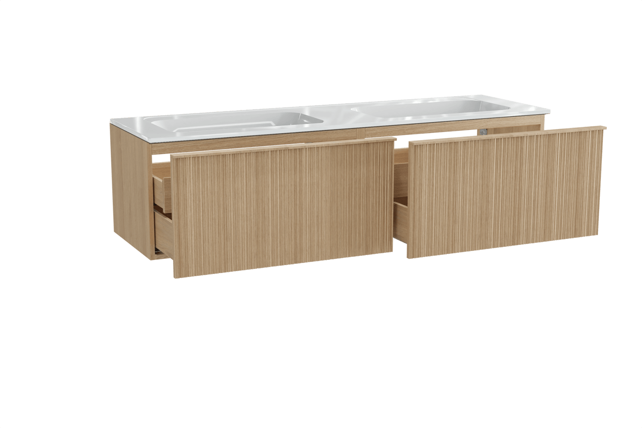Balmani Forma zwevend badkamermeubel 180 x 55 cm natuur eik met Tablo Strada dubbele wastafel in composietmarmer glanzend wit, Verticale asymmetrische ronde ribbel