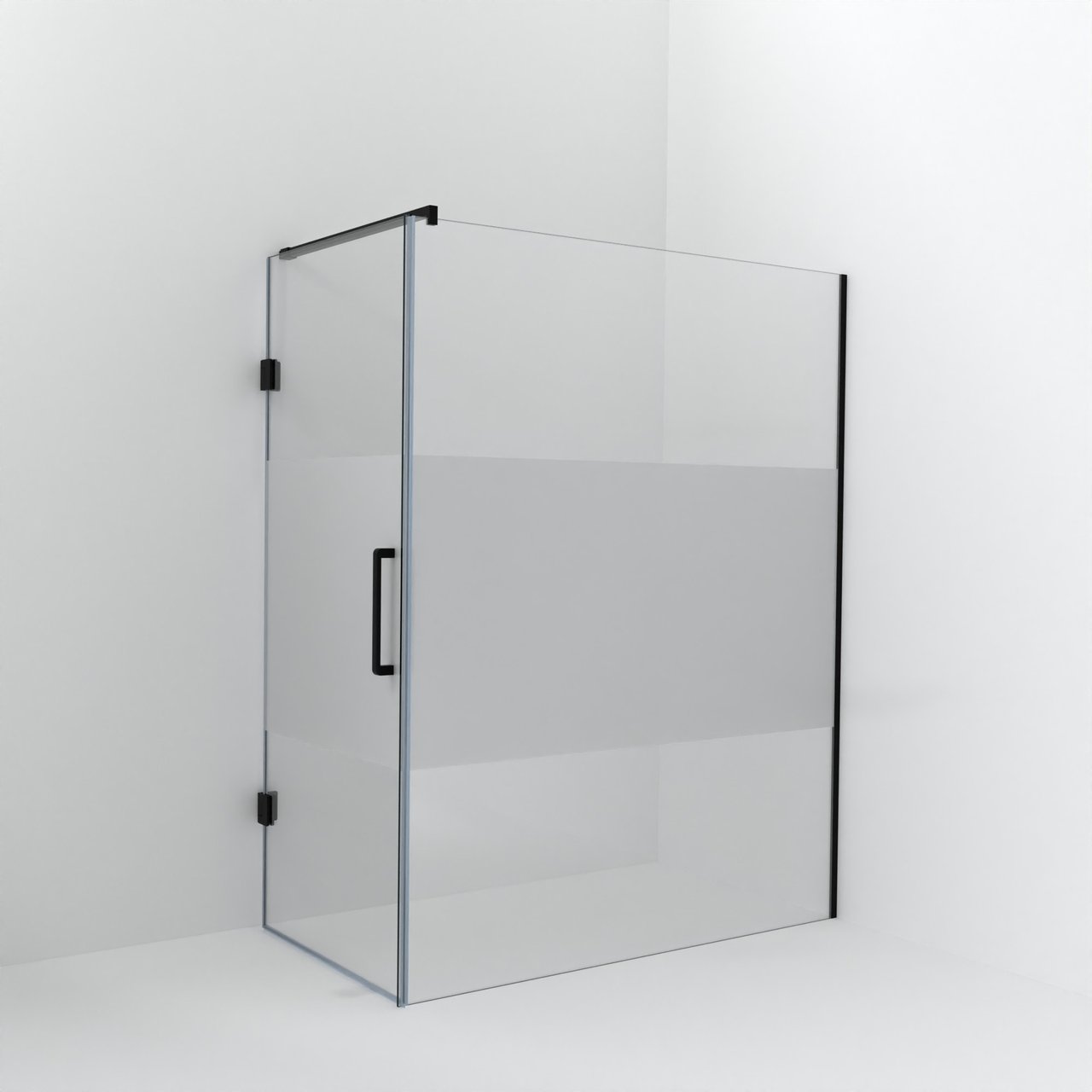 Balmani Modular Walk-In Dusche mit Tür: 160 x 200 cm mit Tür 90 cm, Klarglas mit mattiertem Streifen, Profil Schwarz matt