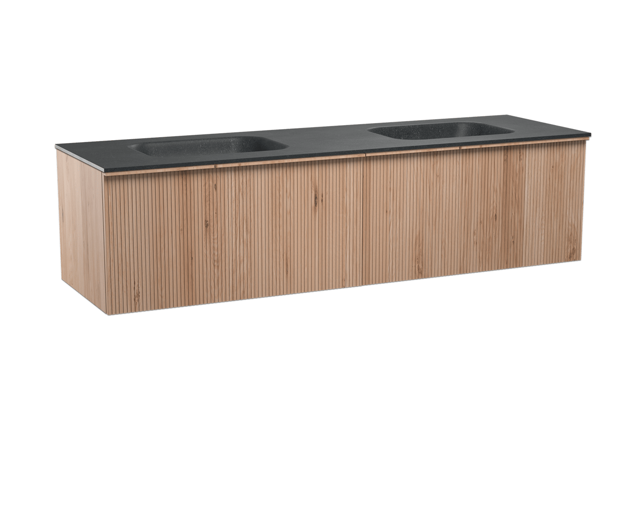 Balmani Forma zwevend badmeubel 180 x 55 cm naturel eiken met Tablo Arcato dubbele wastafel in graniet zwart graniet Verticale symmetrische rechte ribbel