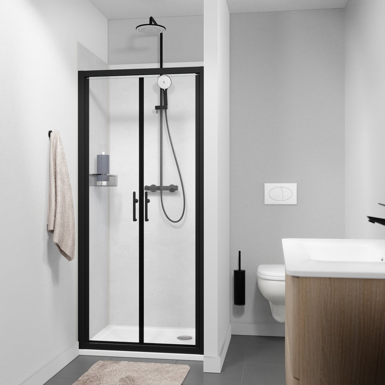 Linie Cadiz porte battante 90 cm x 190 cm verre transparent profil noir mat