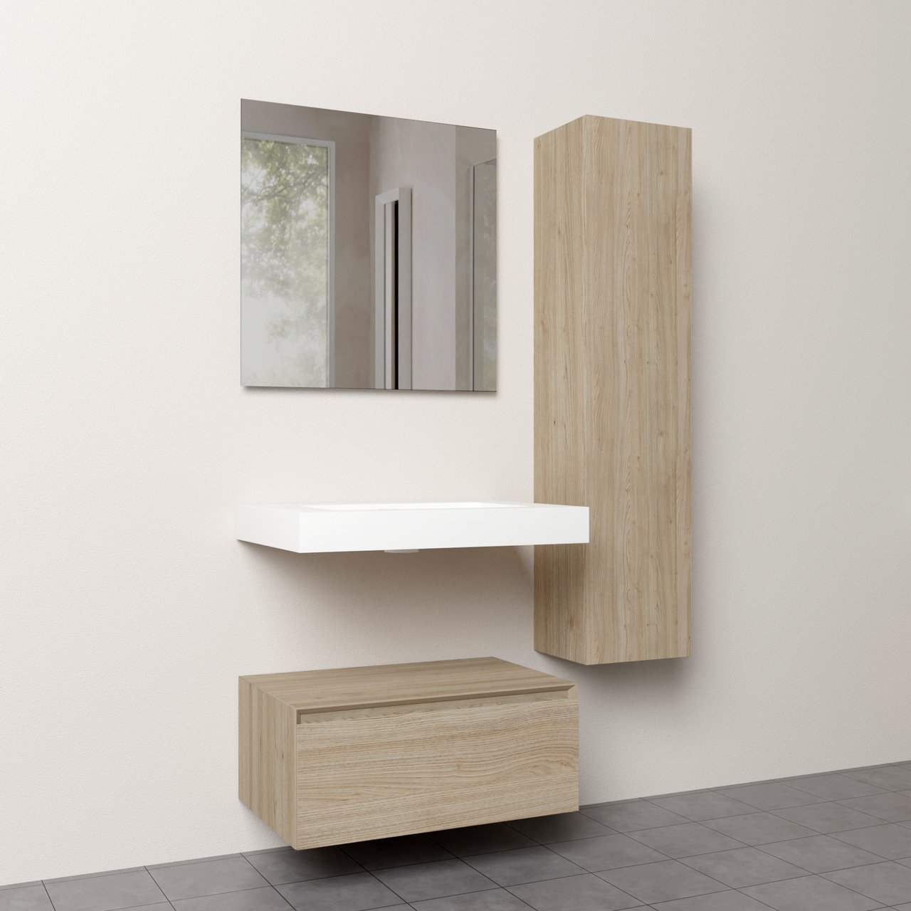 Storke Edge Modulo zwevend badkamermeubel 75 x 52 cm ruwe eik met Mata High enkele wastafel in solid surface mat wit, Soto badkamerspiegel en Edge Modulo badkamerkast