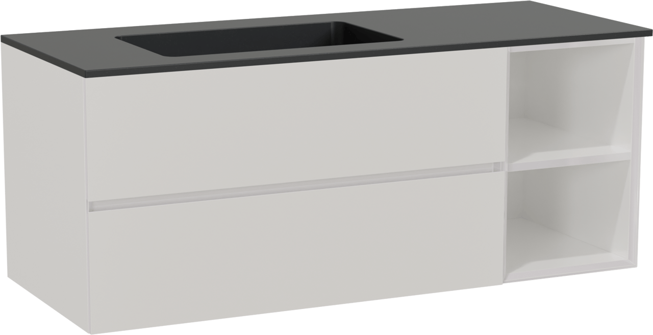 Storke Edge zwevend badmeubel 130 x 52 cm hoogglans wit met Scuro asymmetrisch linkse wastafel in kwarts mat zwart