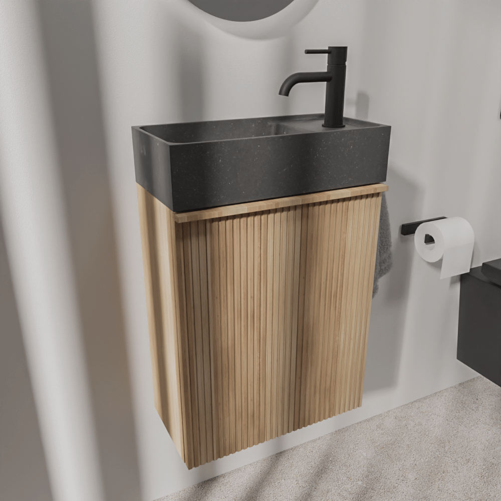 Balmani Forma meuble wc suspendu 42 x 21 cm chêne naturel avec Dama lavabo en granite aiguisé