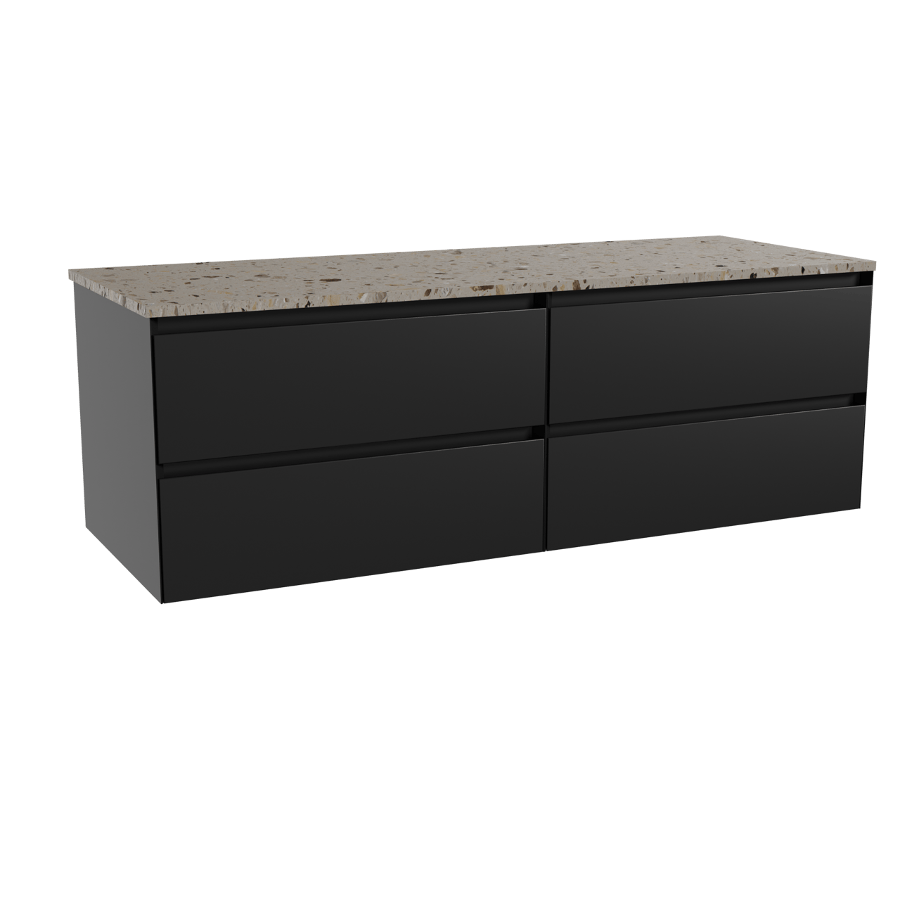 Balmani Mitra hängendes Möbelstück Set: 150 x 55 cm, Schwarz matt, mit Stretto Einzel- oder Doppel Waschtischplatte, Terrazzo in Greige