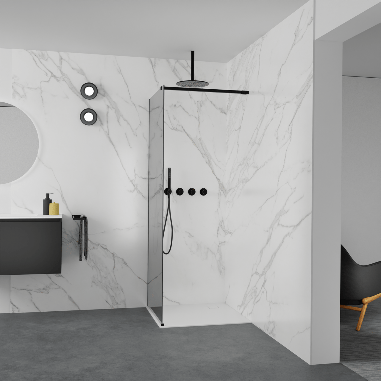 Balmani Modular inloopdouche: 80 x 200 cm, Reflex spiegelglas, Mat zwarte profielen