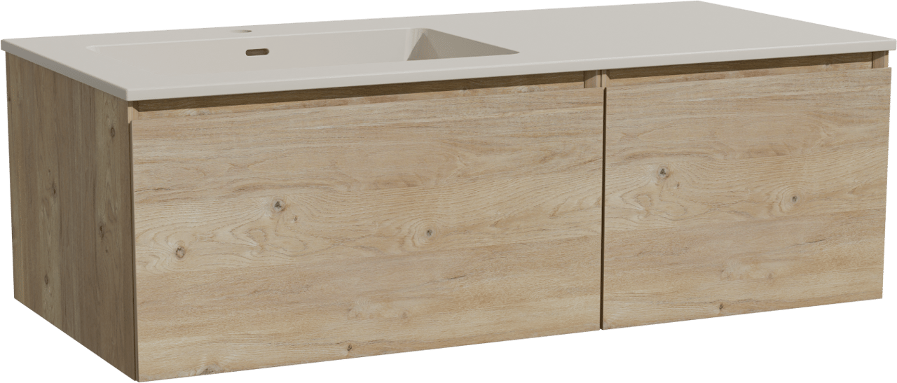 Storke Edge meuble salle de bains suspendu 110 x 52 cm chêne brut avec Diva plan vasque asymétrique à gauche en top solid soie grise