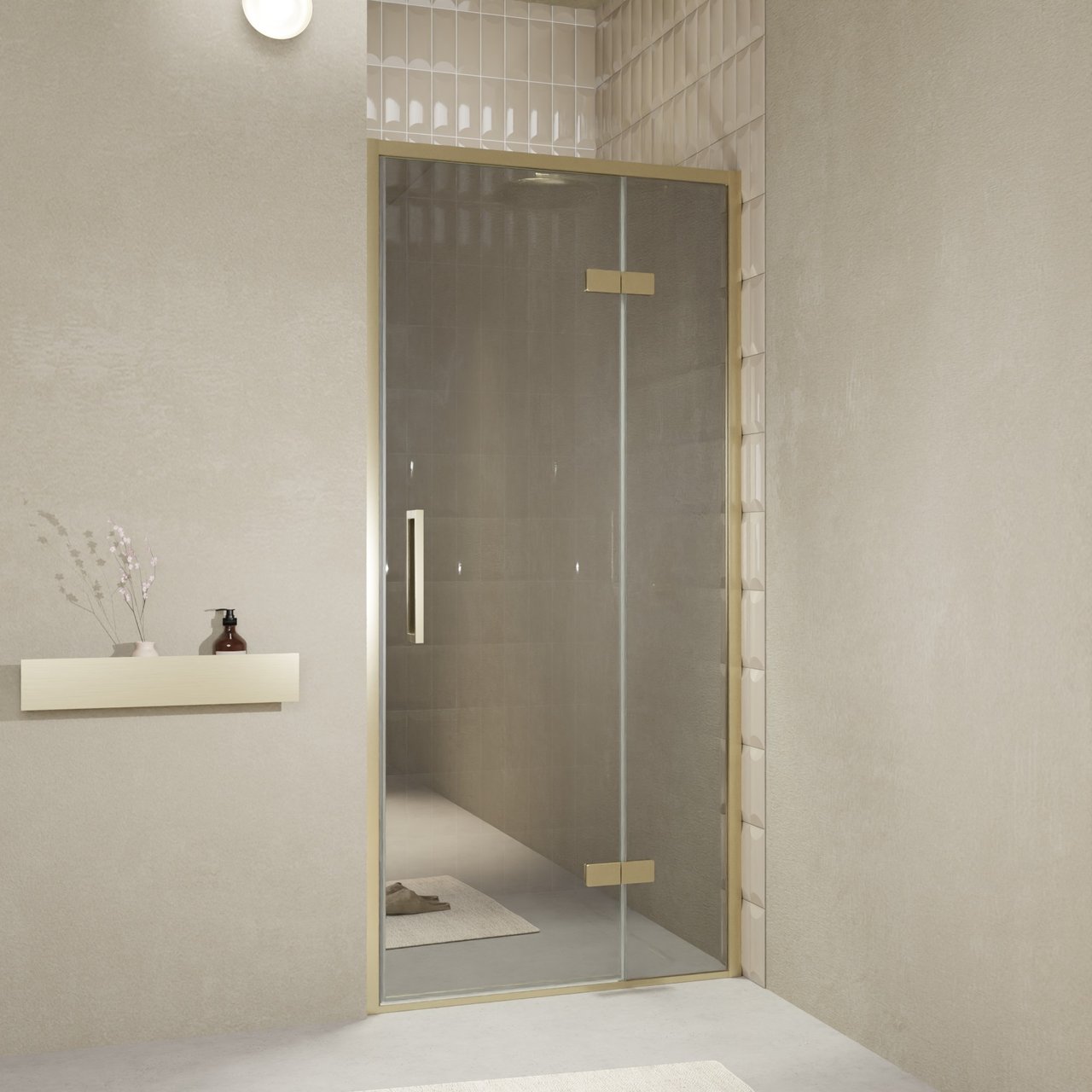 Balmani Senses Design porte pivotante à droite 100 cm x 210 cm verre Miroir Reflex, Profil Brushed Champagne Gold, coating inclus