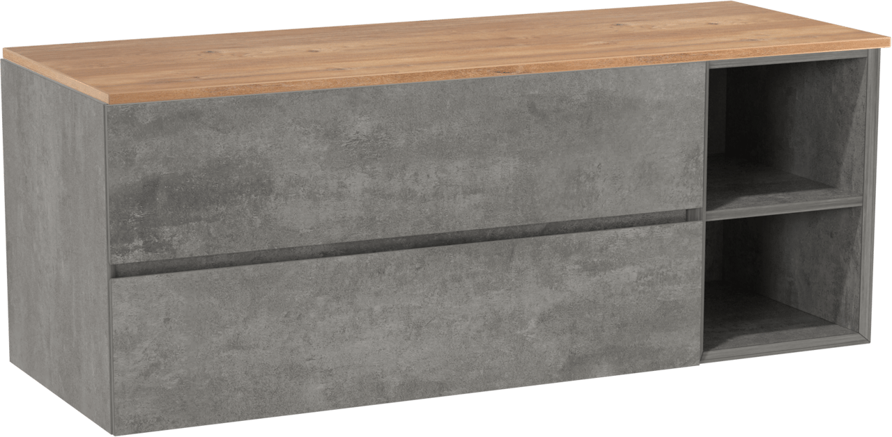 Storke Edge zwevend badkamermeubel 140 x 52 cm beton donkergrijs met Panton enkel of dubbel tablet in melamine ruwe eik
