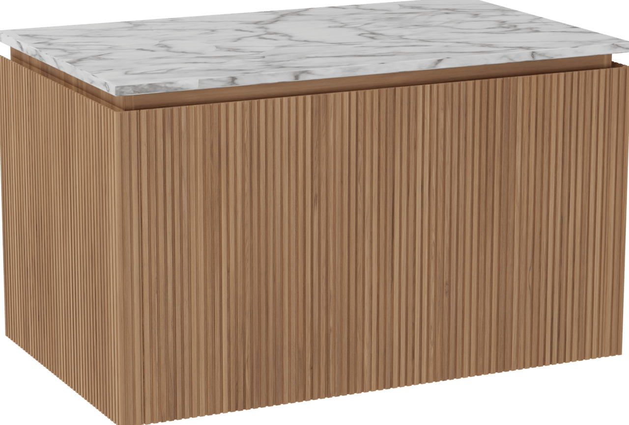 Balmani Eclips meuble salle de bains suspendu 90 x 55 cm Teck avec Stretto tablette simple en Marbre Carrare, Nervure droite symétrique verticale