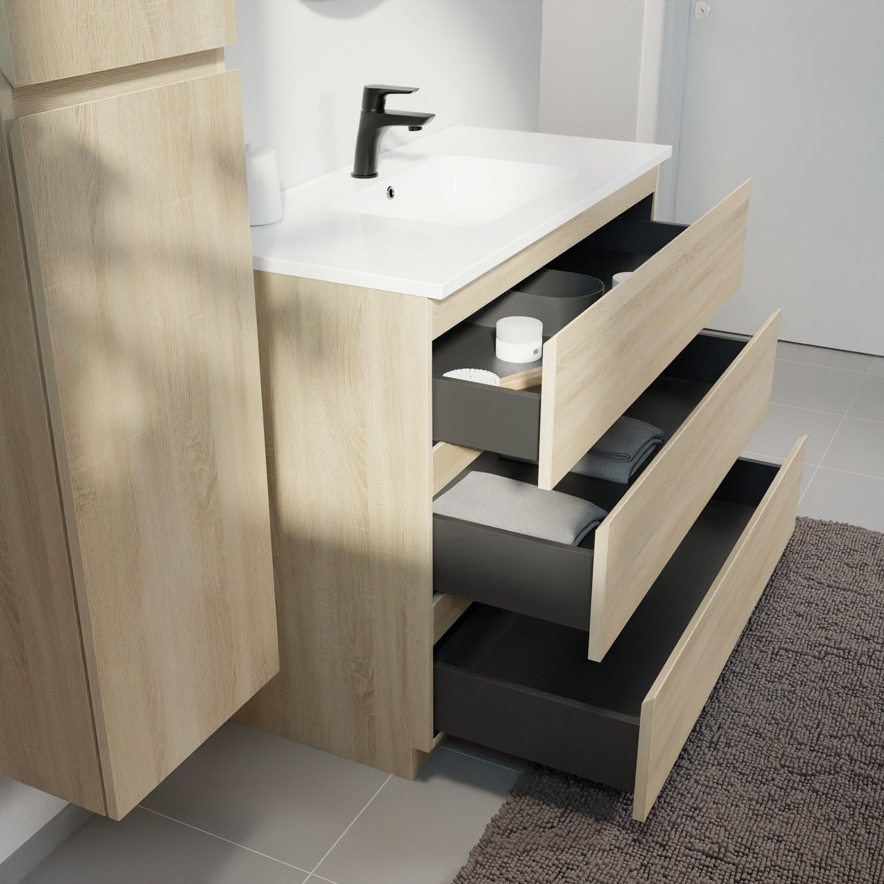 Linie Lado staand badmeubel 100 x 46 cm wit eiken met Vano enkele wastafel in composietmarmer hoogglans wit