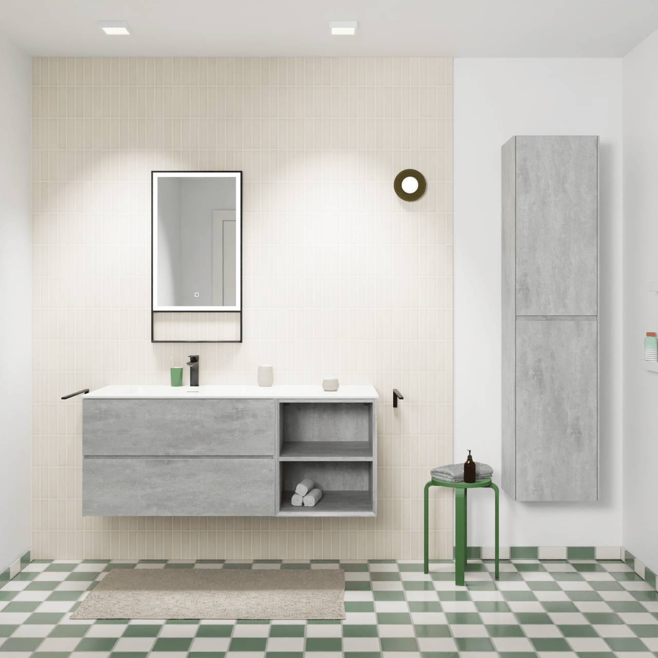 Storke Edge zwevend badkamermeubel 130 x 52 cm beton donkergrijs met Mata asymmetrisch linkse wastafel in solid surface mat wit