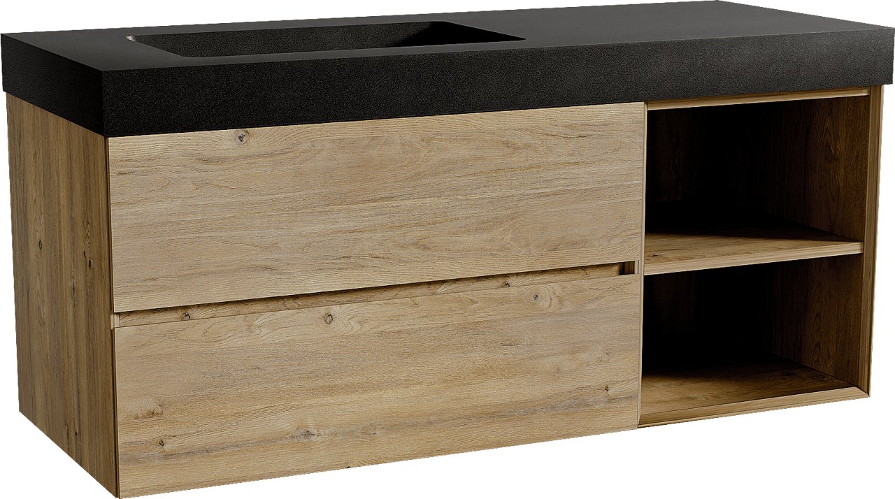 Storke Edge zwevend badmeubel 130 x 52 cm ruw eiken met Scuro High asymmetrisch linkse wastafel in kwarts mat zwart