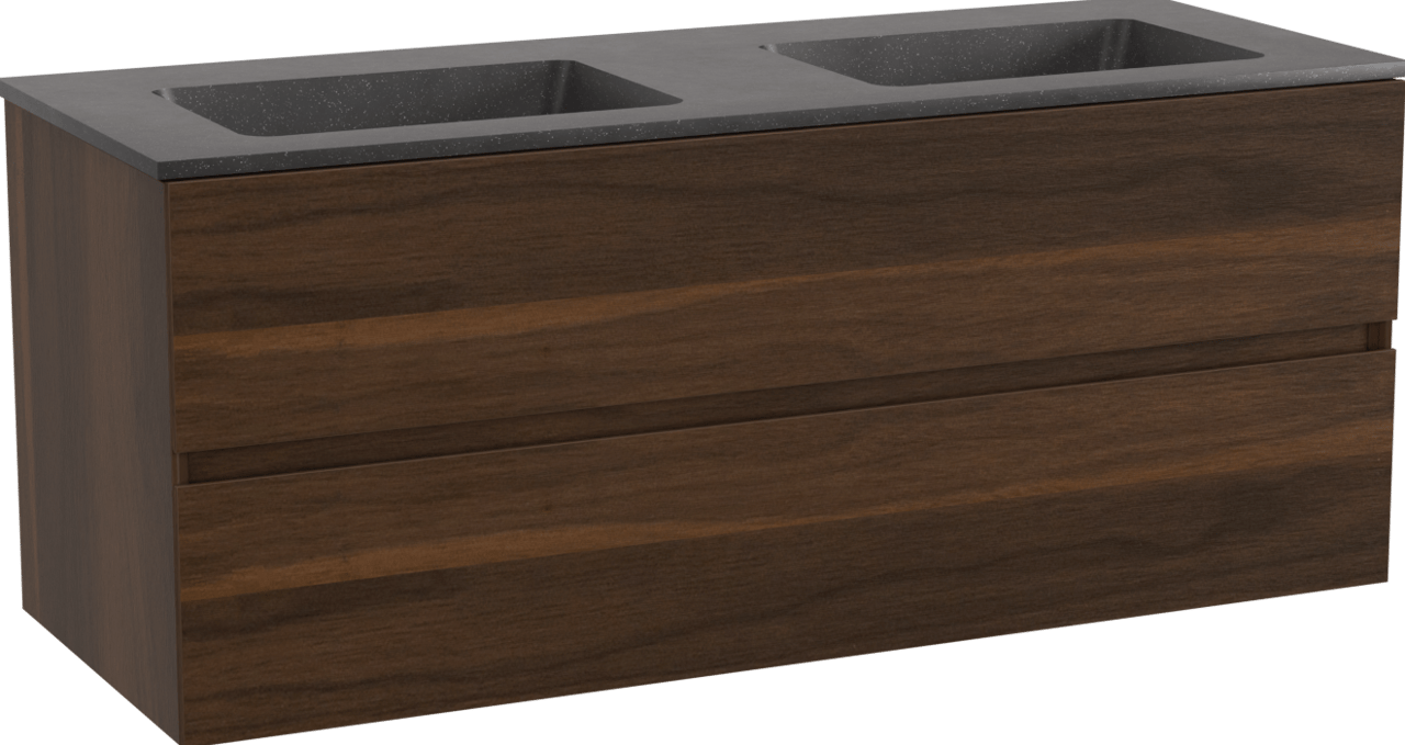 Storke Edge meuble salle de bains suspendu 120 x 46 cm noyer avec Scuro double vasque en quartz noir mat