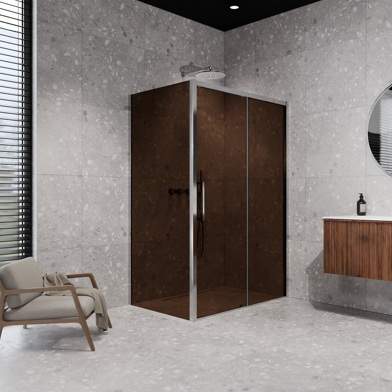 Balmani Senses Design douchehoek met rechtse schuifdeur en vaste zijwand, 120 x 100 cm, Brons, Glanzend chroom profielen, met coating