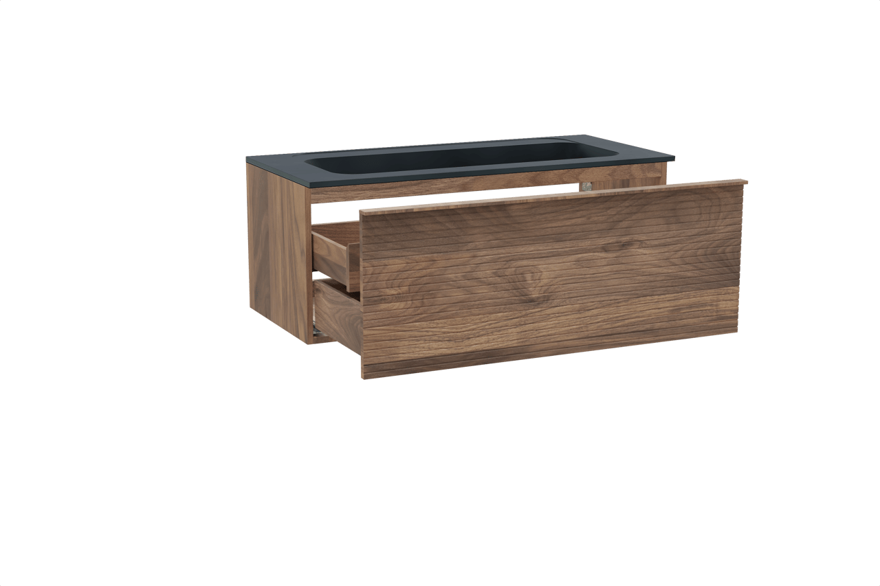 Balmani Forma meuble salle de bains suspendu 120 x 55 cm noyer américain avec Tablo Strada lavabo simple pour 2 trous de robinet en marbre composite noir mat, Nervure droite symétrique horizontale