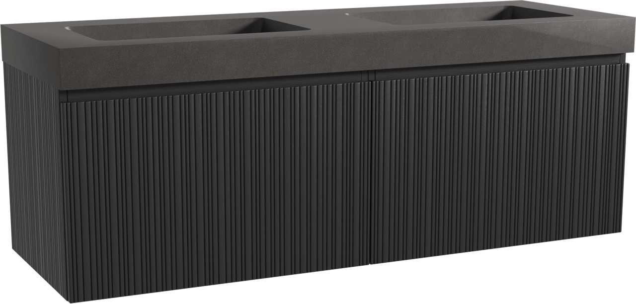 Storke Ribs zwevend badmeubel 150 x 52 cm zwart eiken met Scuro High dubbele wastafel in kwarts mat zwart, Verticale asymmetrische rechte ribbel