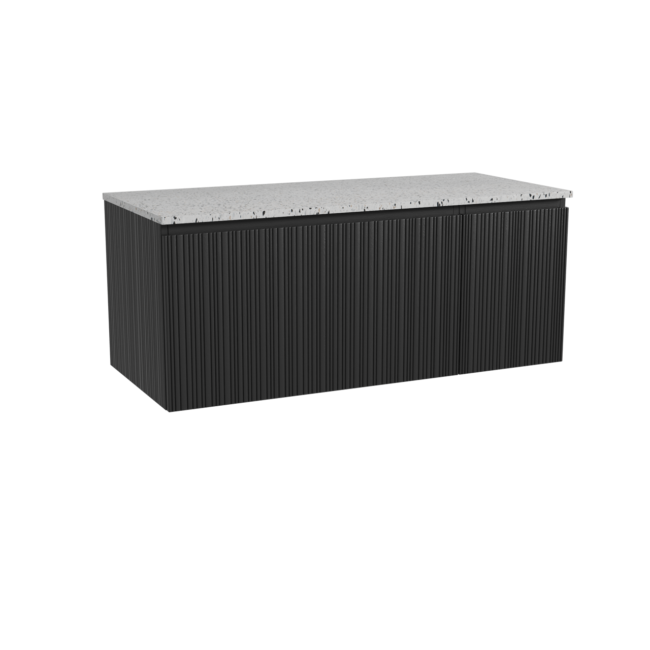 Storke Ribs meuble salle de bains suspendu 120 x 52 cm chêne noir avec Tavola tablette simple ou double en blanc/noir mat terrazzo, Nervure droite asymétrique verticale