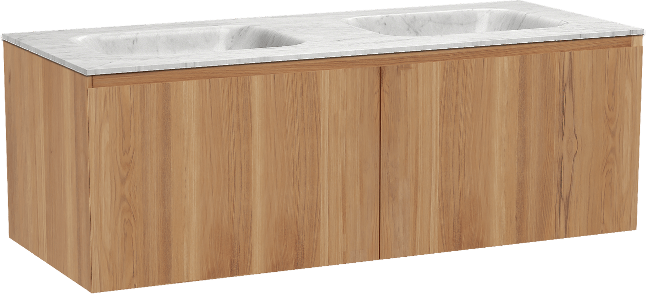 Balmani Idra by Mitra zwevend badkamermeubel 135 x 55 cm teak met Tablo Arcato dubbele wastafel in marmer carrara