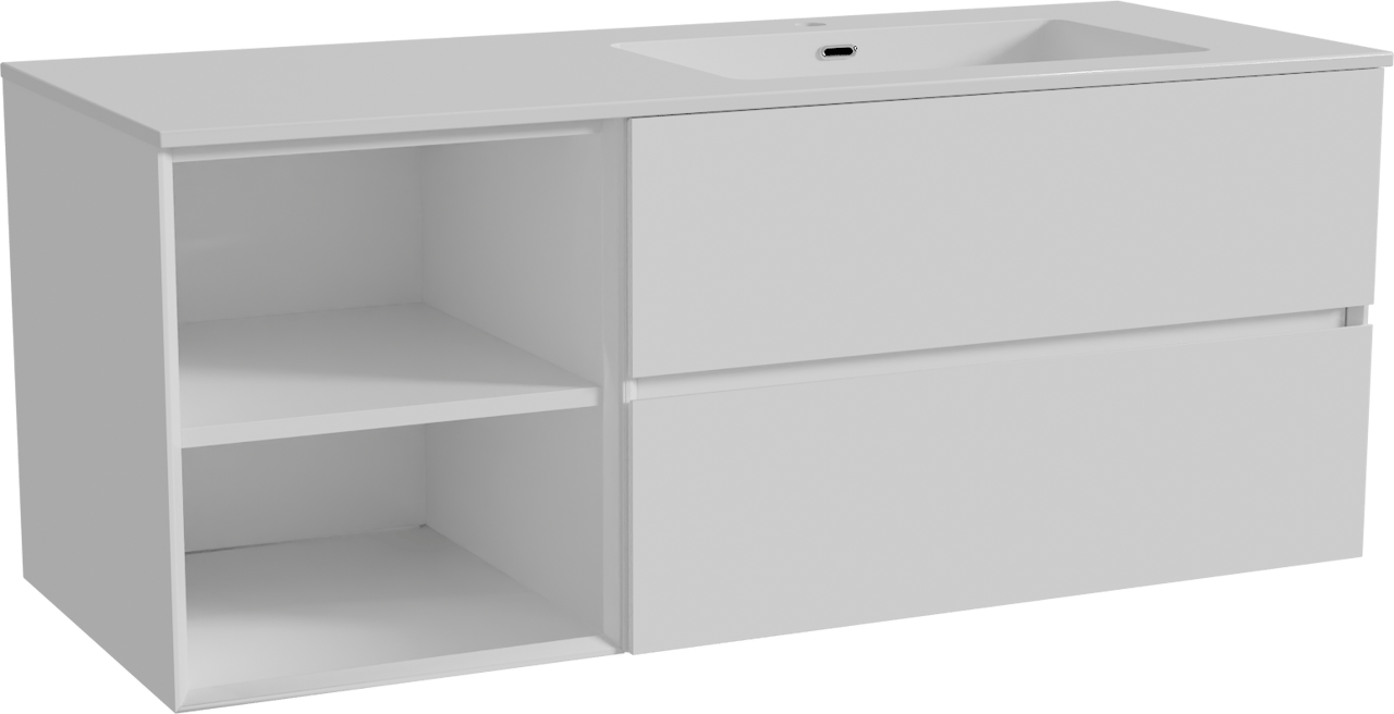 Storke Edge zwevend badkamermeubel 130 x 52 cm glanzend wit met Diva asymmetrisch rechtse wastafel in composietmarmer glanzend wit