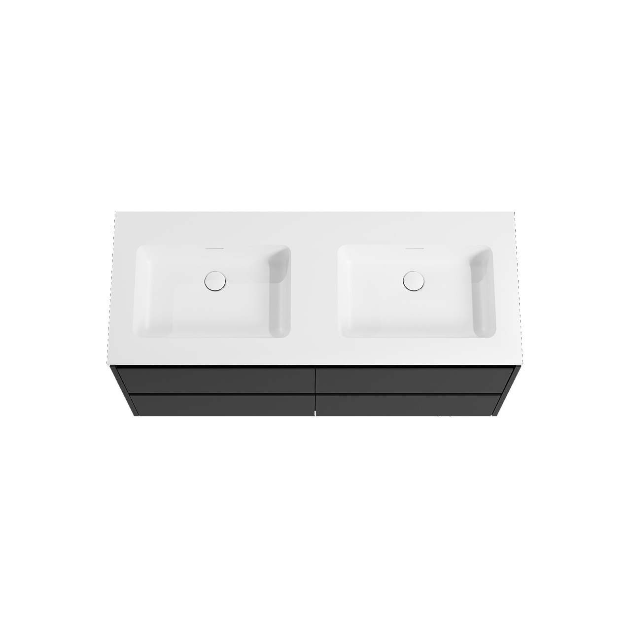 Storke Seda zwevend badkamermeubel 130 x 52 cm mat zwart met Mata dubbele wastafel in solid surface mat wit