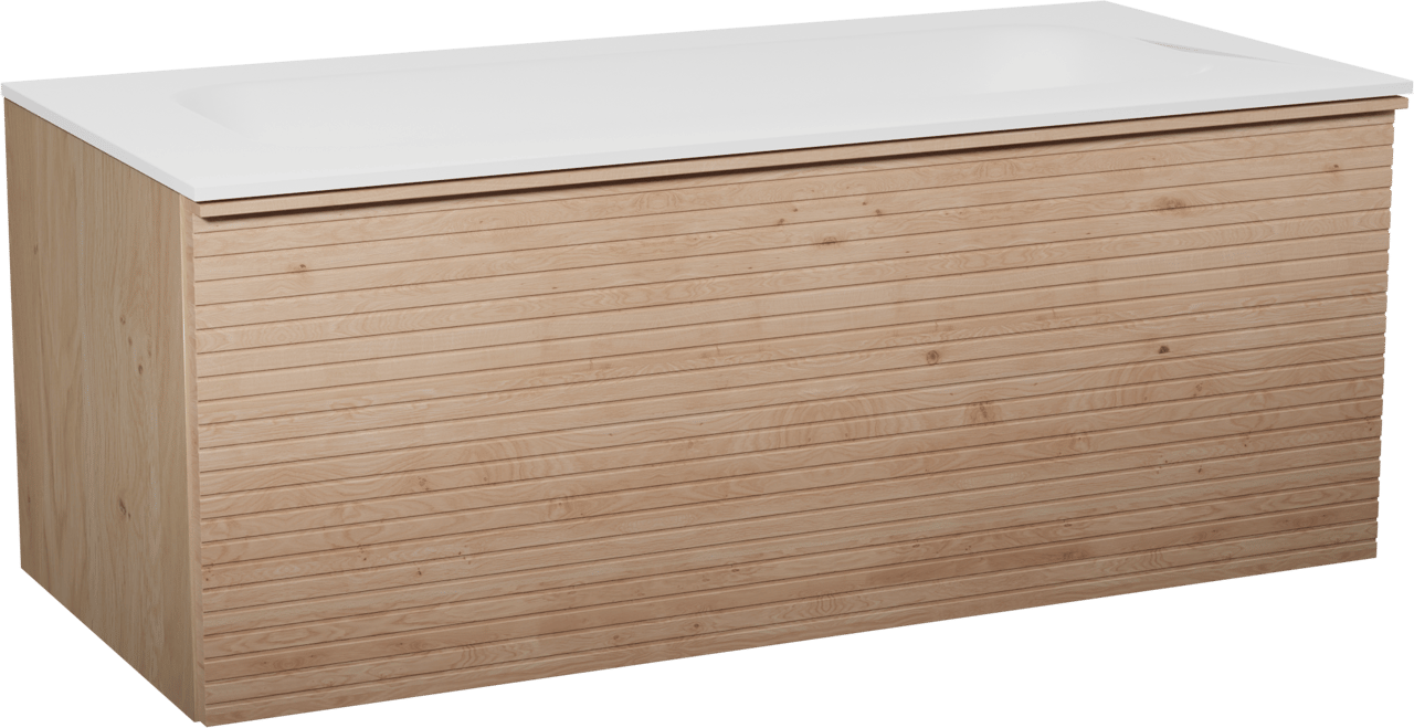 Balmani Forma zwevend badmeubel 120 x 55 cm naturel eiken met Tablo Arcato enkele wastafel voor 2 kraangaten in solid surface mat wit, Horizontale symmetrische rechte ribbel
