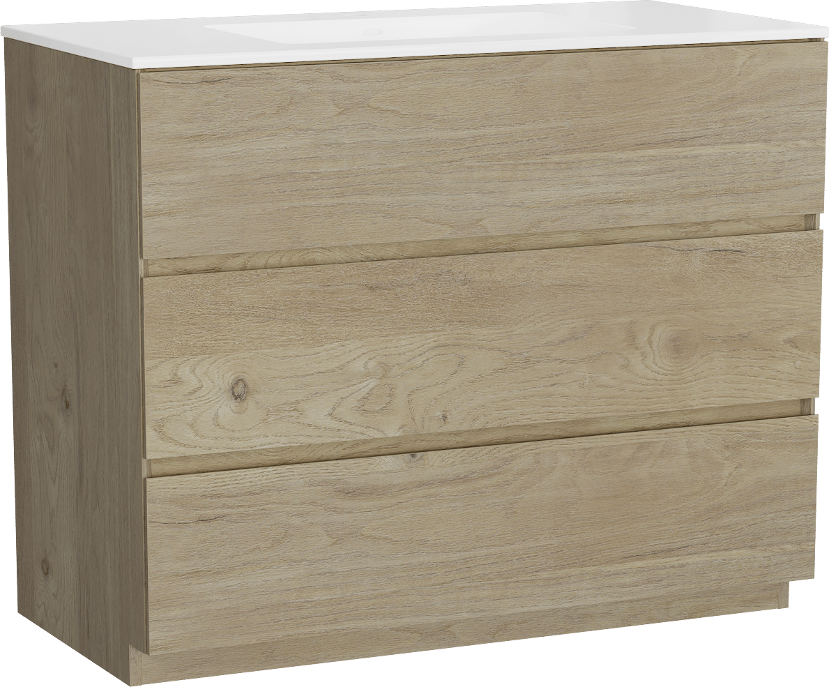 Storke Edge freistehendes Möbelstück Set: 105 x 52 cm, Rohe Eiche, mit Bilia Einzelwaschtisch, Marmorkomposit Weiß glänzend