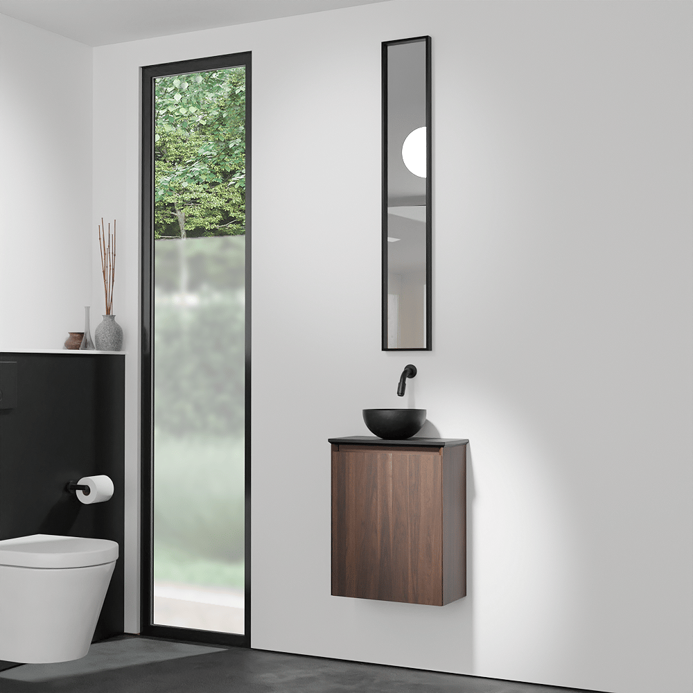 Balmani Mitra meuble wc suspendu 42 x 21 cm noyer américain avec Facetta tablette et Bari XS vasque à poser en granite aiguisé