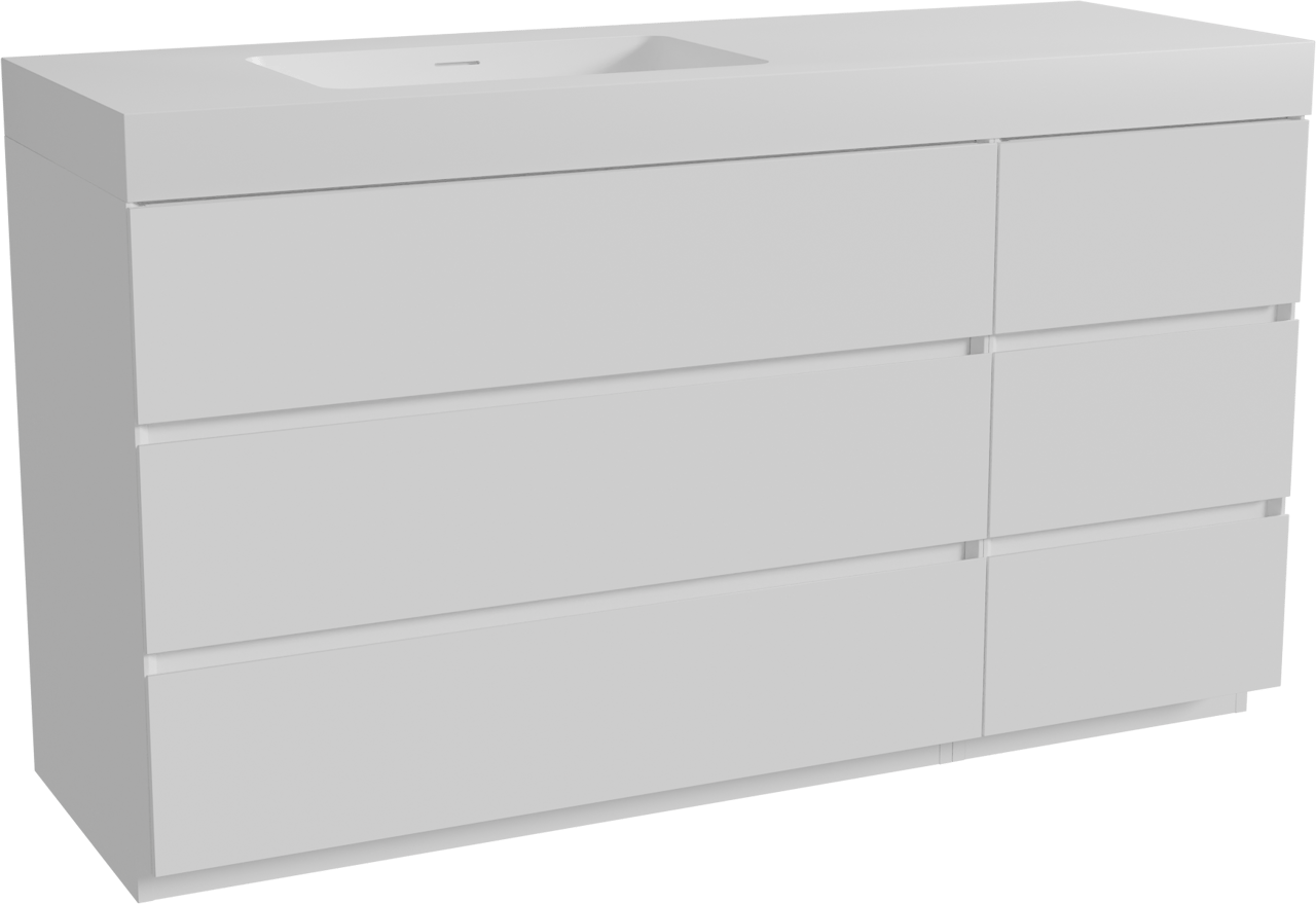 Storke Edge freistehendes Möbelstück Set: 150 x 52 cm, Weiß matt, mit Mata High Waschtisch links, Solid Surface Weiß matt