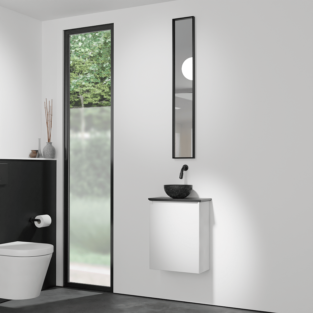 Balmani Mitra meuble wc suspendu 42 x 21 cm blanc mat avec Facetta tablette et Bari XS vasque à poser en granite aiguisé