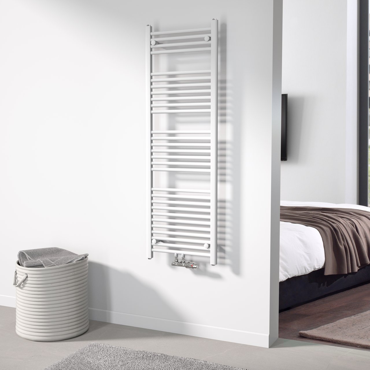 Vipera Kanza enkele handdoekradiator 50 x 150 cm centrale verwarming mat wit zij- en middenaansluiting 842W