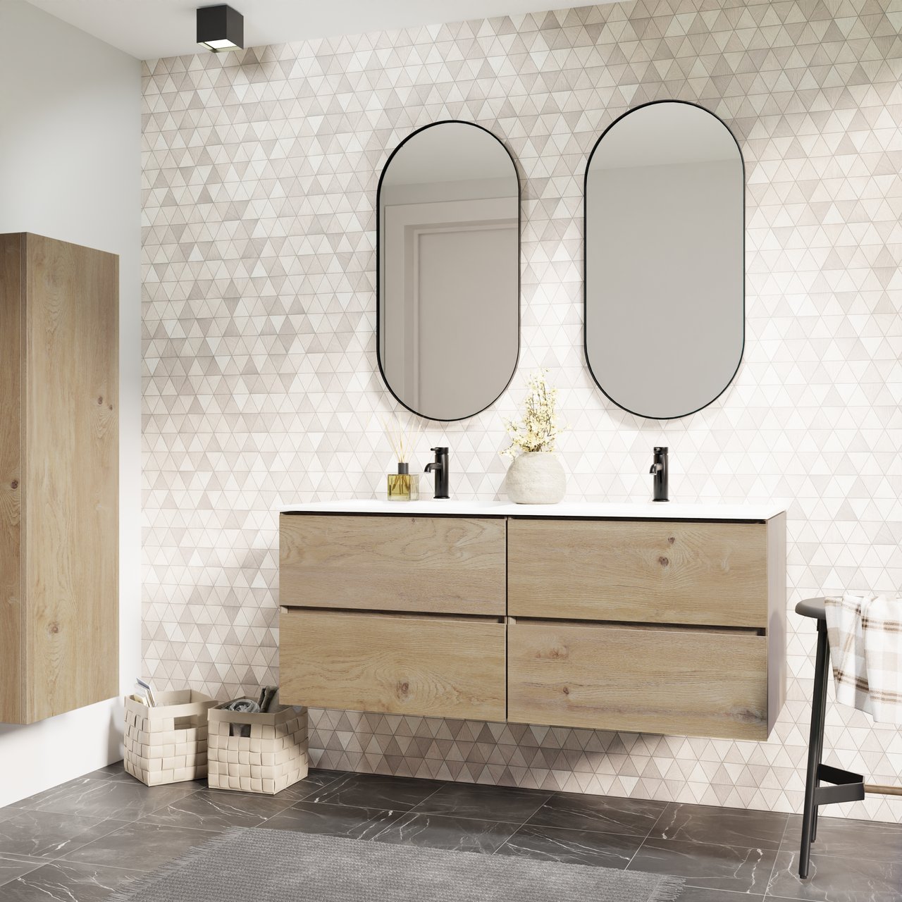 Storke Edge hängendes Möbelstück Set: 130 x 52 cm, Rohe Eiche, mit Mata Doppelwaschtisch, Solid Surface Weiß matt