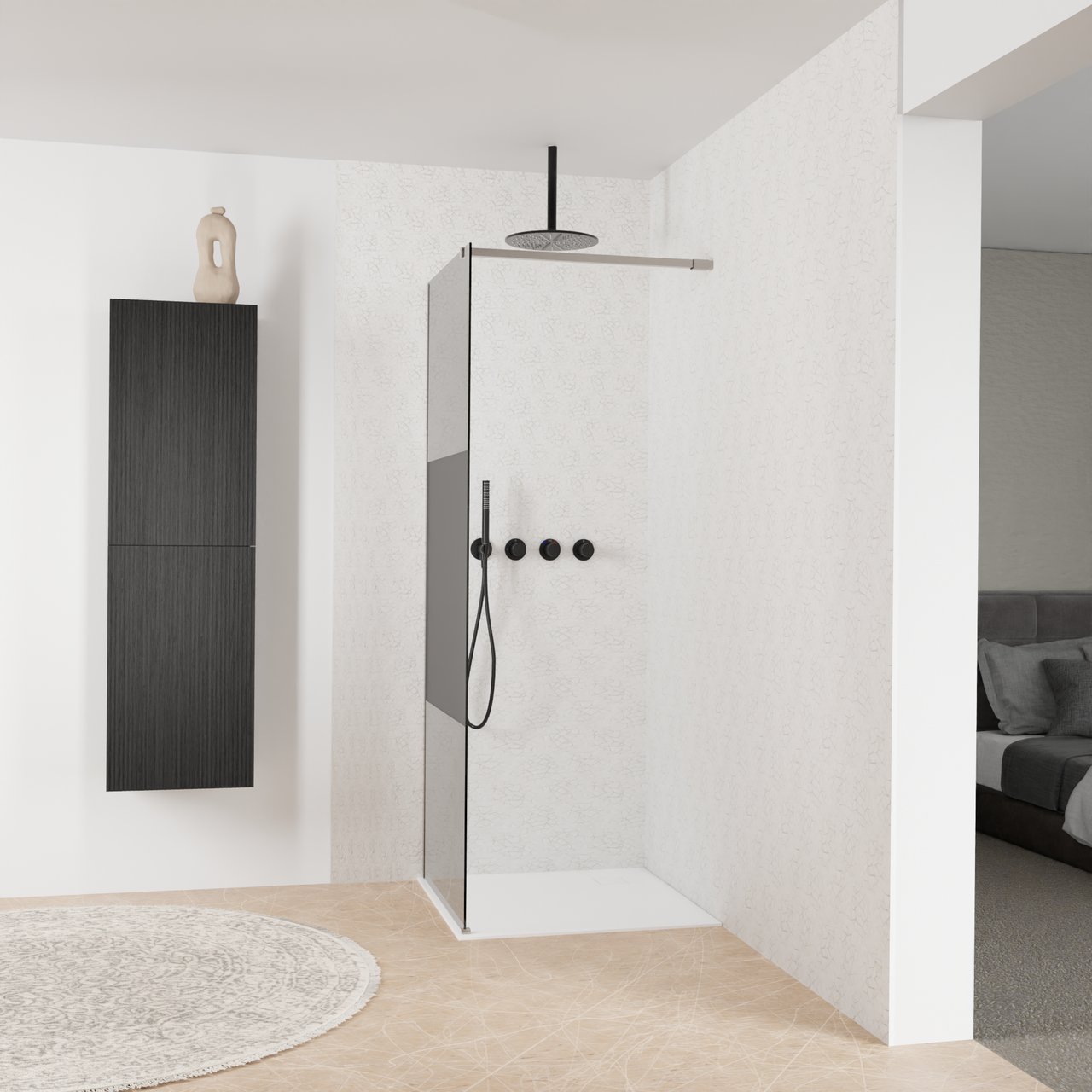 Balmani Modular inloopdouche: 80 x 200 cm, Rookglas met matte strook met coating, Brushed Inox profielen