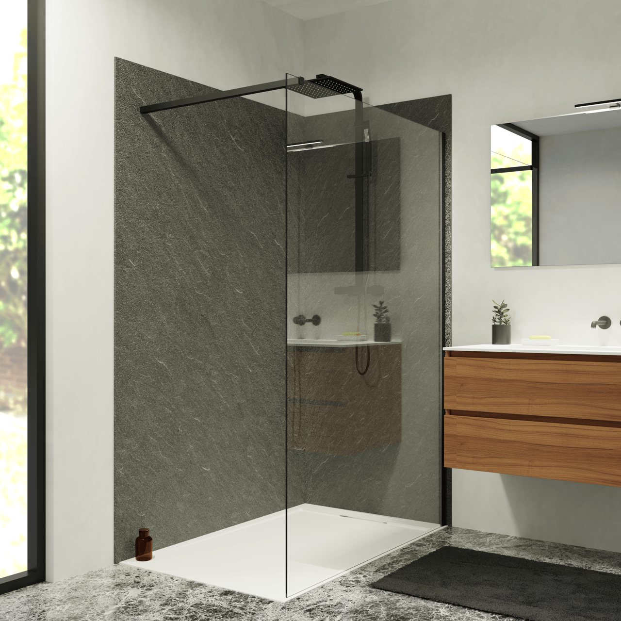 Balmani Zeno set douchewandbekleding 160 x 80 x 220 cm composietmarmer donkergrijs leisteenstructuur
