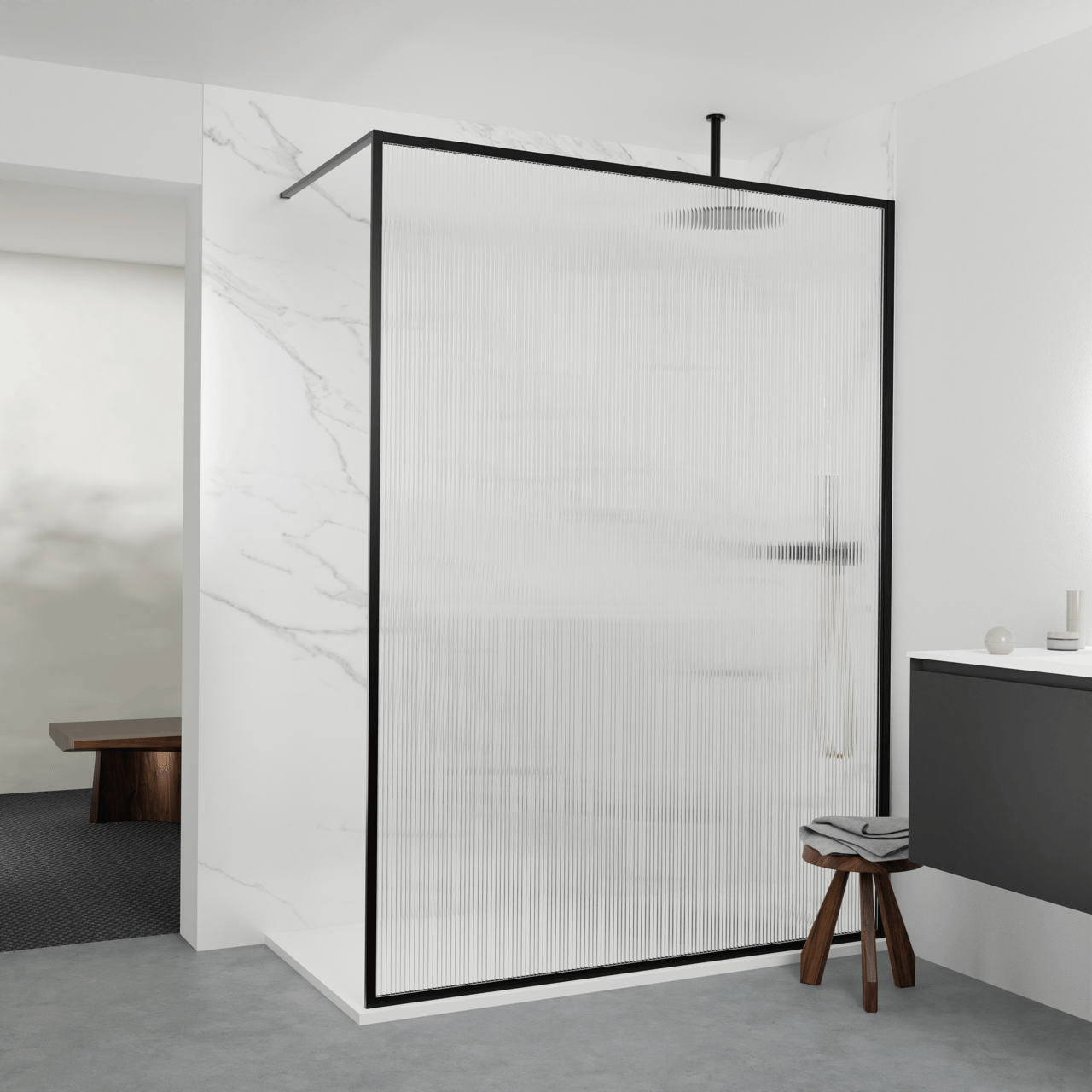 Balmani Framed Walk-In-Dusche 120 x 210 cm Relief Glas, inklusive Coating, matt schwarz Profil