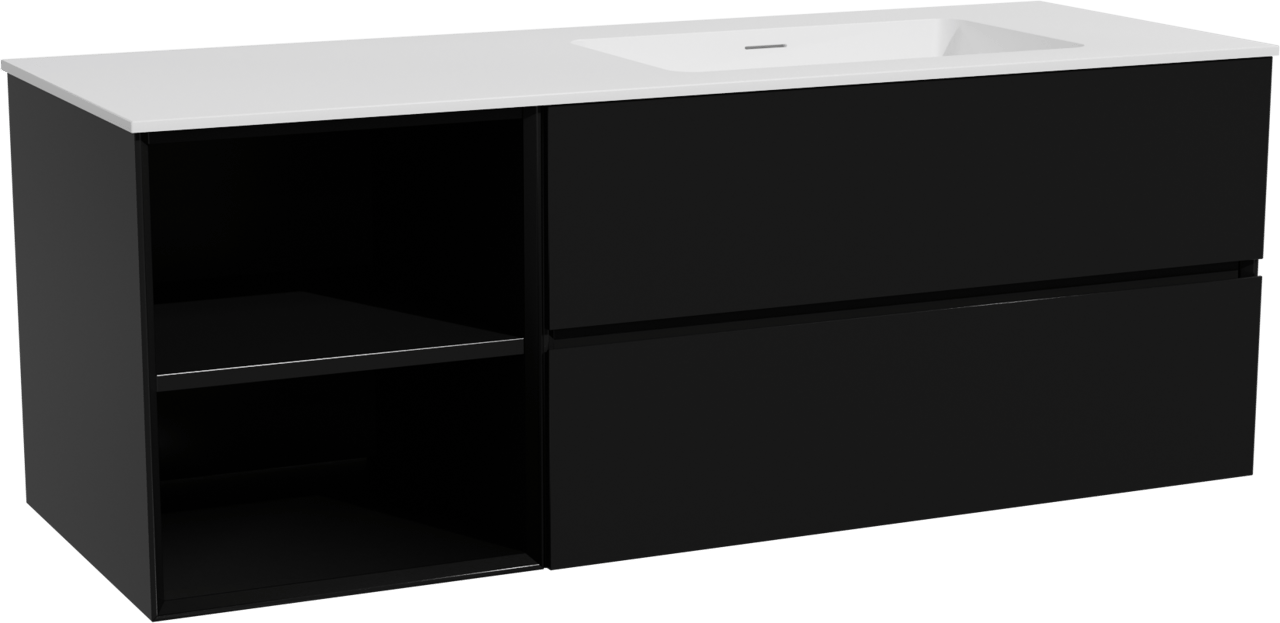 Storke Edge zwevend badkamermeubel 140 x 52 cm mat zwart met Mata asymmetrisch rechtse wastafel in solid surface mat wit