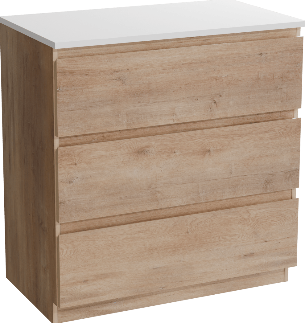 Linie Lado freistehendes Möbelstück Set: 80 x 46 cm, Naturbelassene Eiche, mit Lado Einzel Waschtischplatte, Marmorkomposit Weiß glänzend