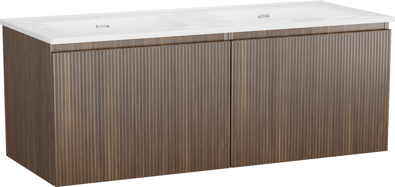 Storke Ribs meuble salle de bains suspendu 130 x 52 cm noyer avec Kera double vasque en porcelaine blanc brillant, Nervure droite symétrique verticale, bondes incluses