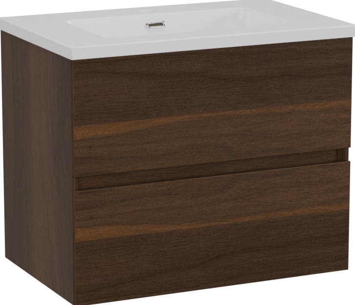 Storke Edge zwevend badmeubel 60 x 40 cm notenhout met Diva enkele wastafel in composietmarmer hoogglans wit