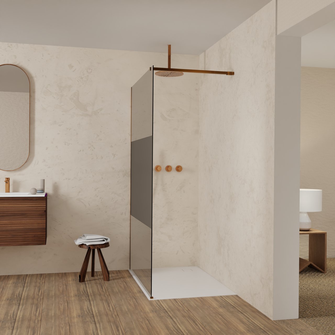 Balmani Modular inloopdouche: 120 x 200 cm, Rookglas met matte strook met coating, Brushed Rosegold profielen