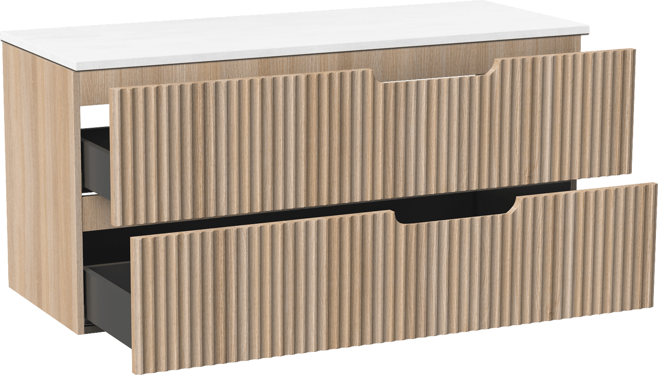 Linie Ribbo zwevend badkamermeubel 120 x 46 cm lichte eik met Lado dubbel tablet in composietmarmer glanzend wit, Verticale symmetrische ronde ribbel