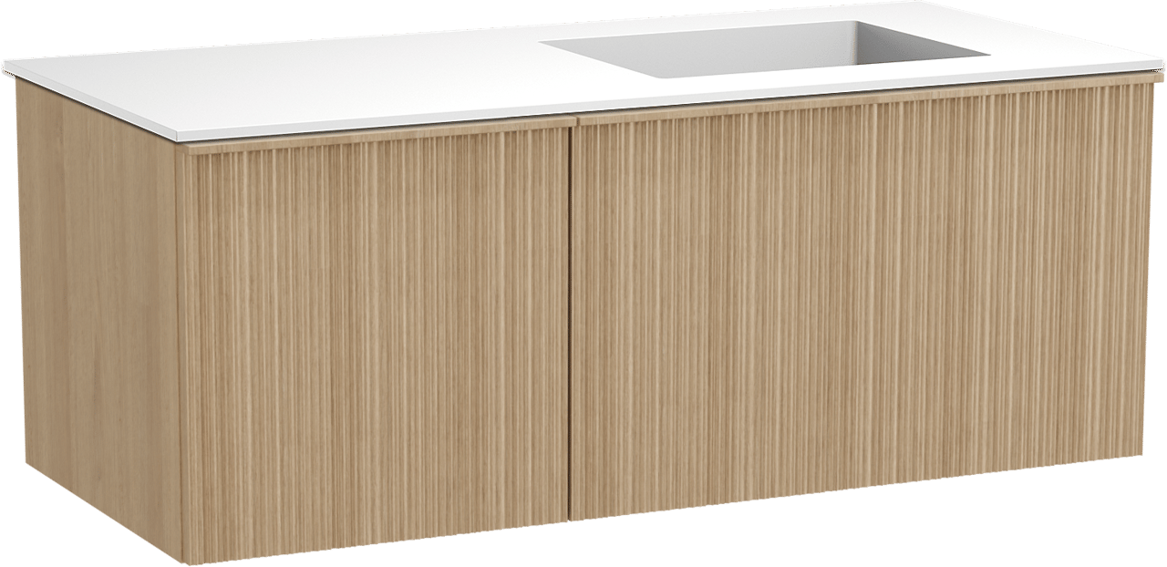 Balmani Forma zwevend badmeubel 120 x 55 cm naturel eiken met Tablo Stretto asymmetrisch rechtse wastafel in solid surface mat wit, Verticale asymmetrische ronde ribbel