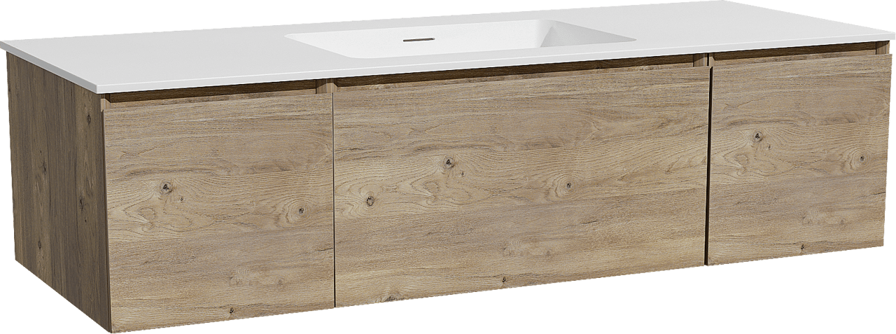 Storke Edge zwevend badkamermeubel 135 x 52 cm ruwe eik met Mata enkele wastafel in solid surface mat wit