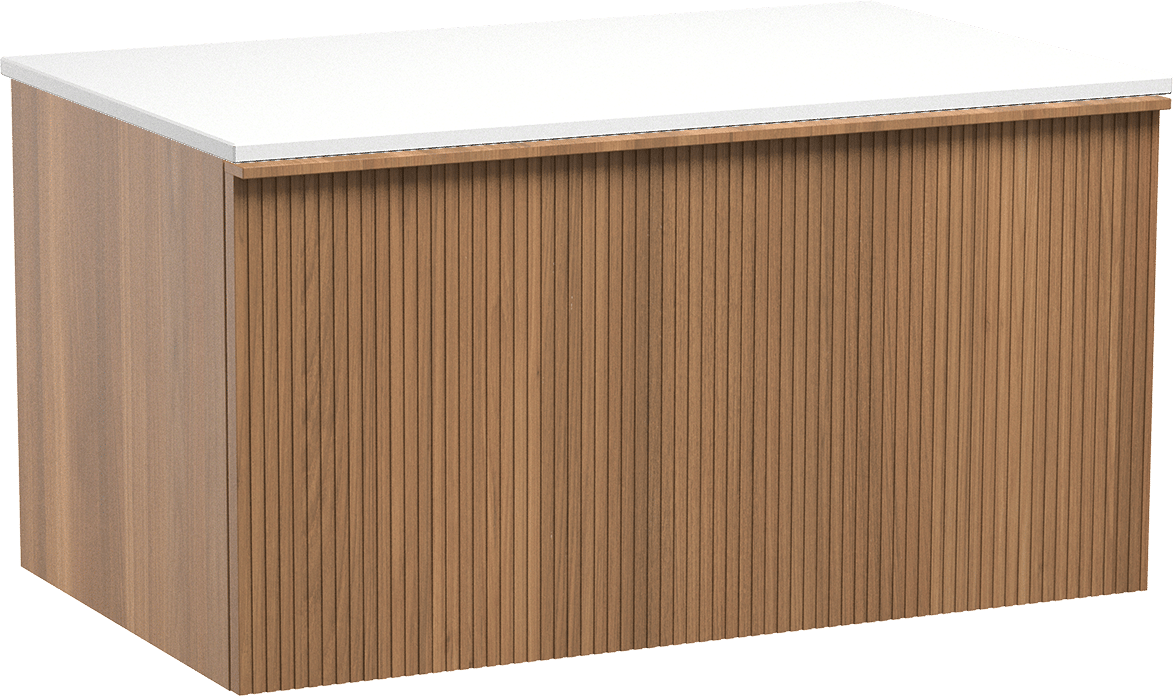 Balmani Forma meuble salle de bains suspendu 90 x 55 cm teck avec Stretto tablette simple en solid surface blanc mat, Nervure droite symétrique verticale