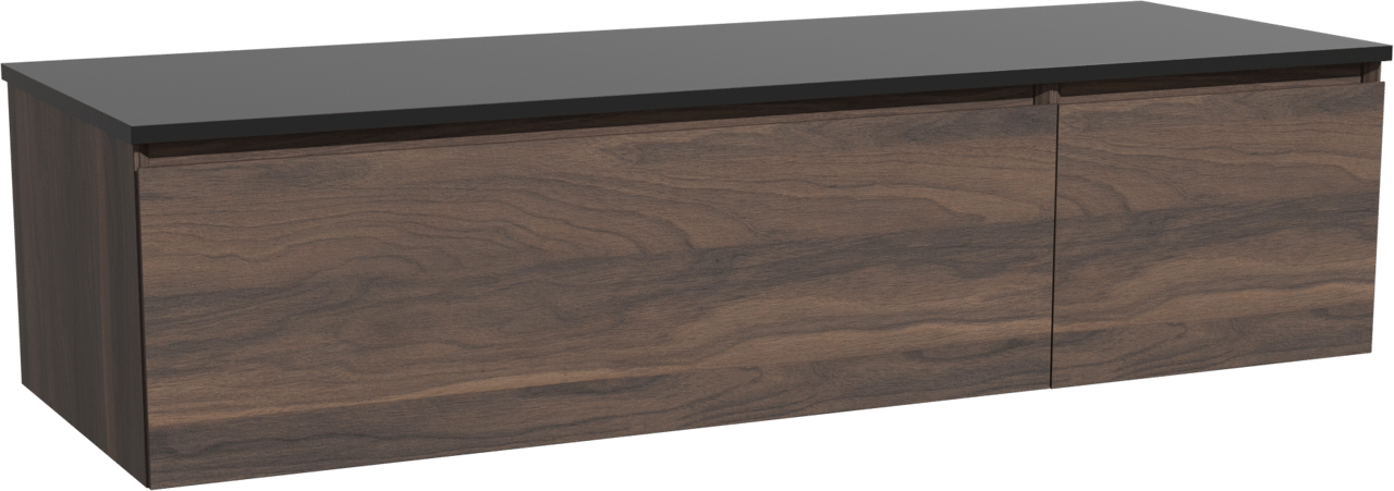 Storke Edge zwevend badkamermeubel 150 x 52 cm notelaar met Panton enkel of dubbel tablet in gepoedercoate mdf mat zwart